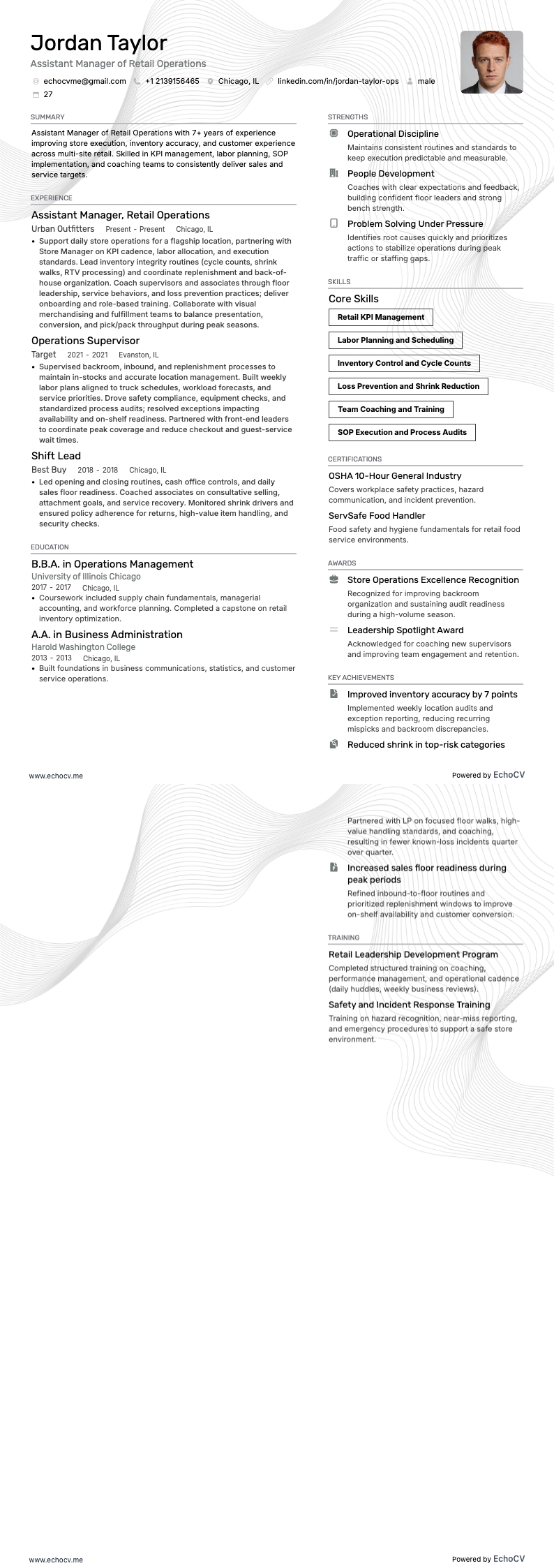 Assistant Manager of Retail Operations example resume