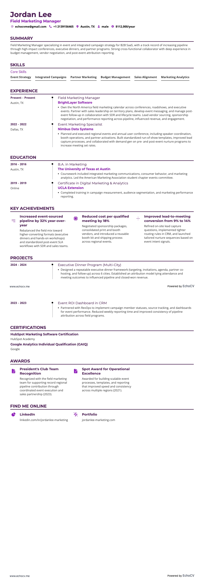 Gerente de Marketing de Campo resume example