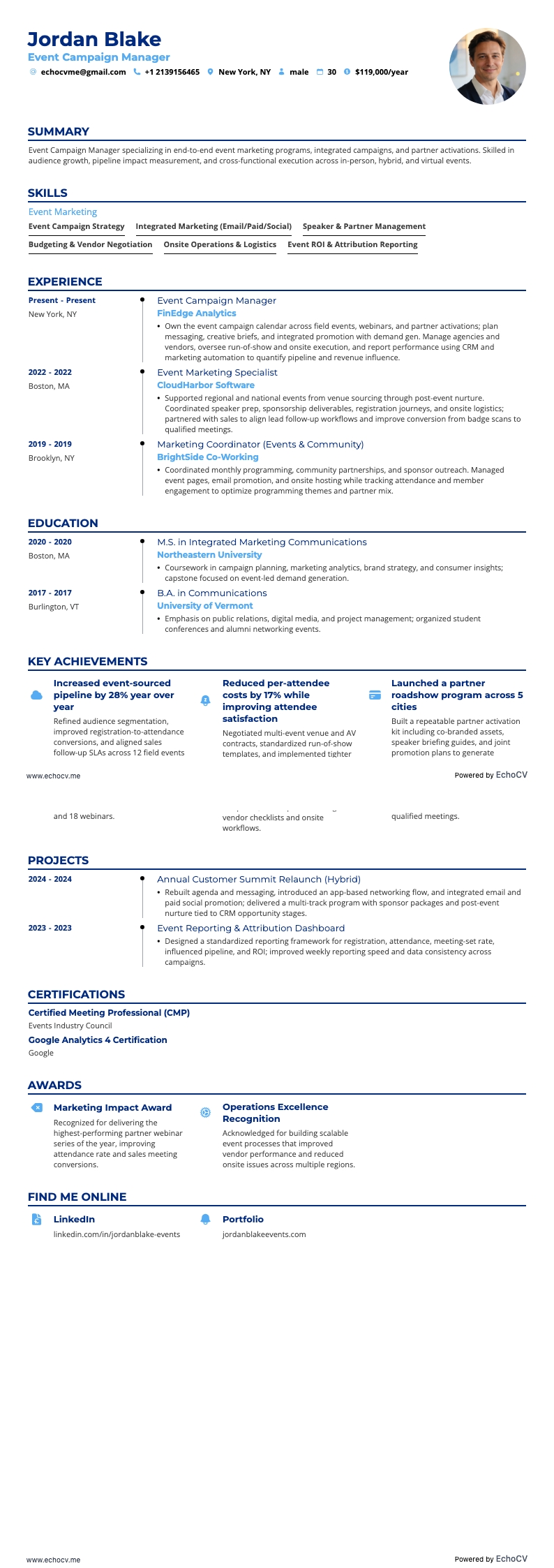 Gerente de campañas de eventos example resume