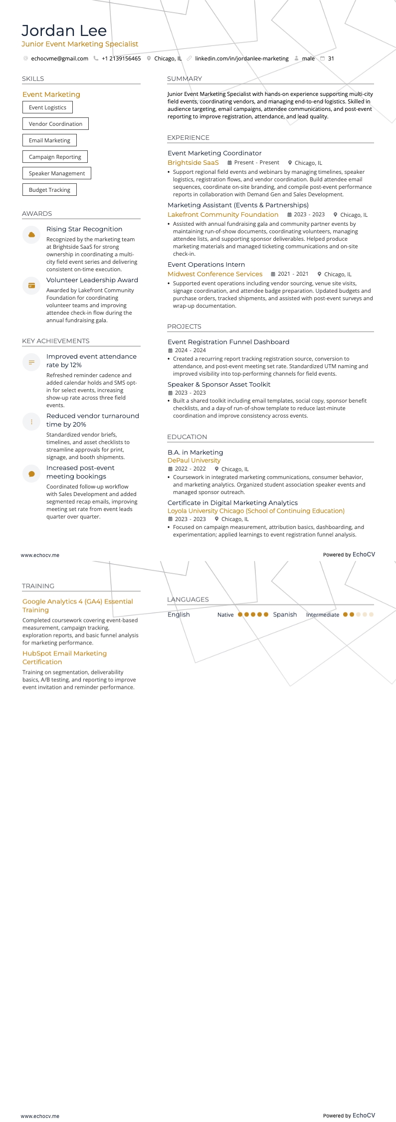 Especialista junior en marketing de eventos example resume