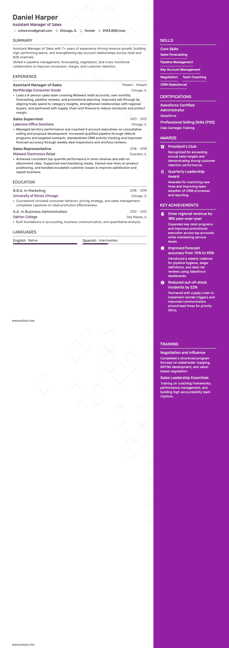 Assistant Manager of Sales example resume