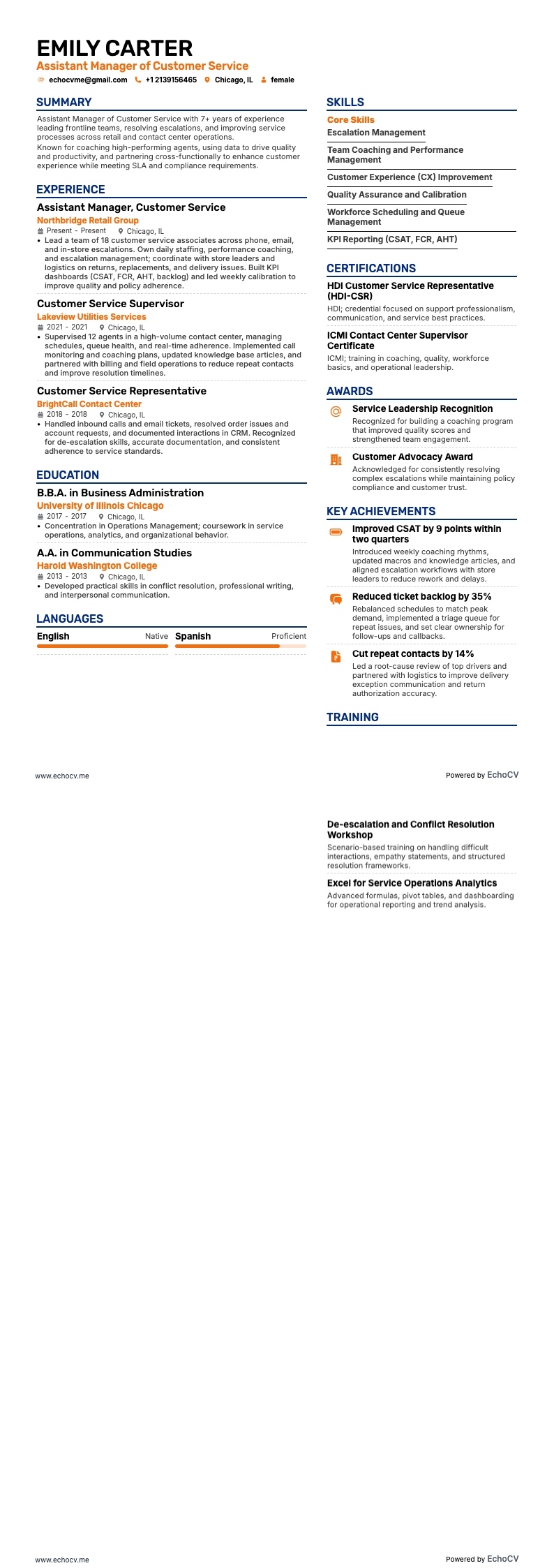 Assistant Manager of Customer Service example resume