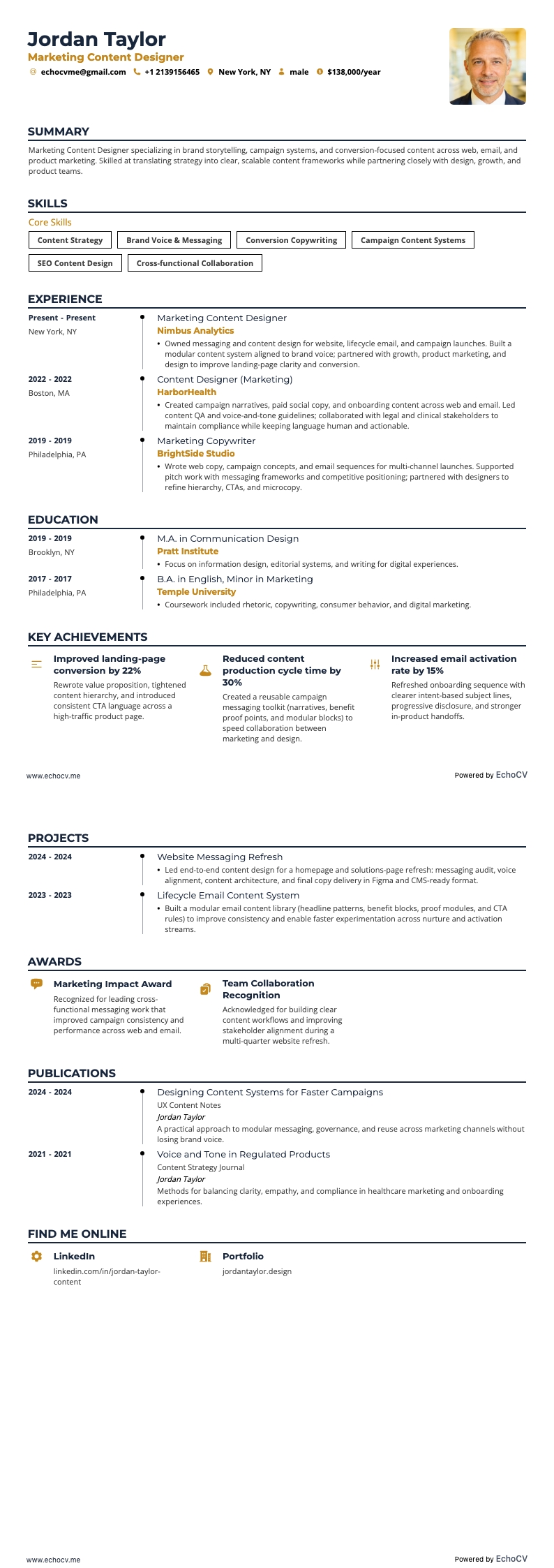 Marketing Content Designer example resume