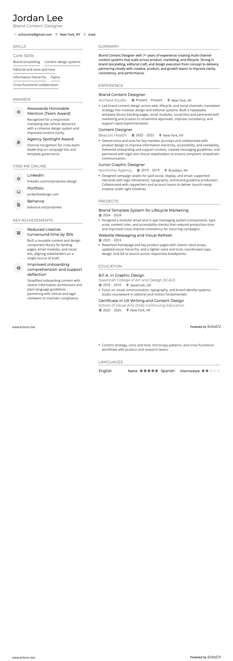 Brand Content Designer example resume