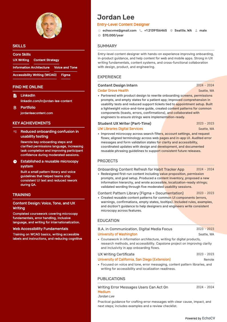 Entry-Level Content Designer example resume