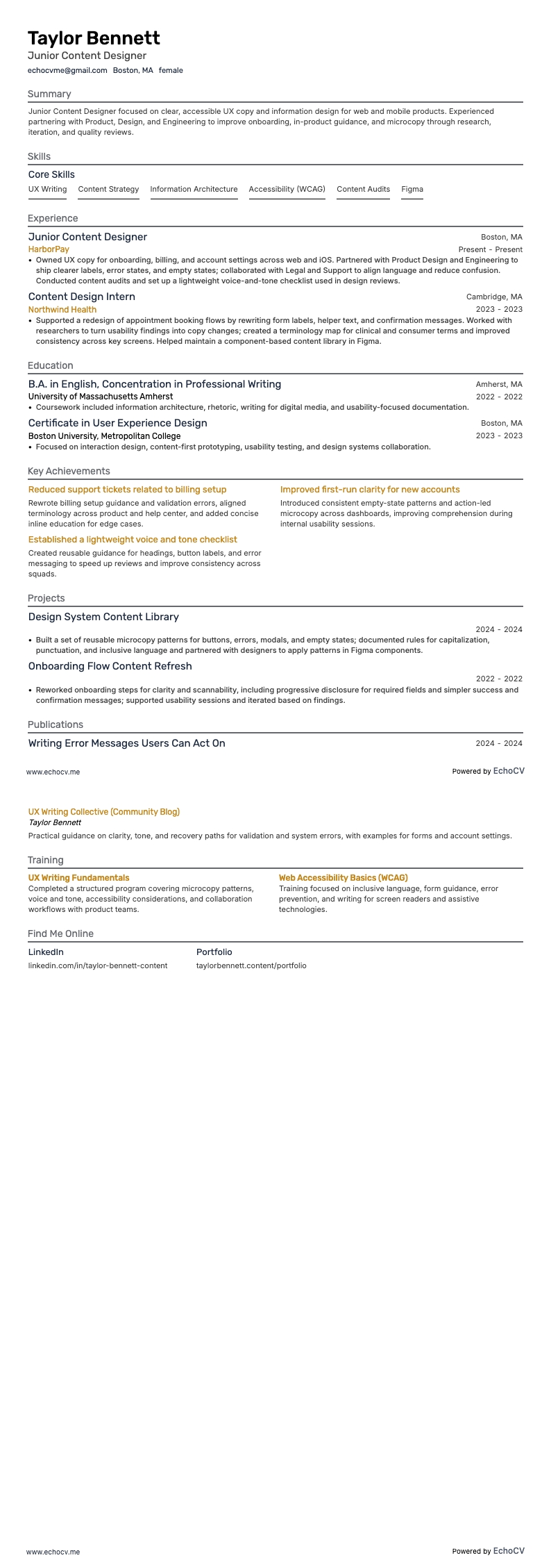 Junior Content Designer example resume