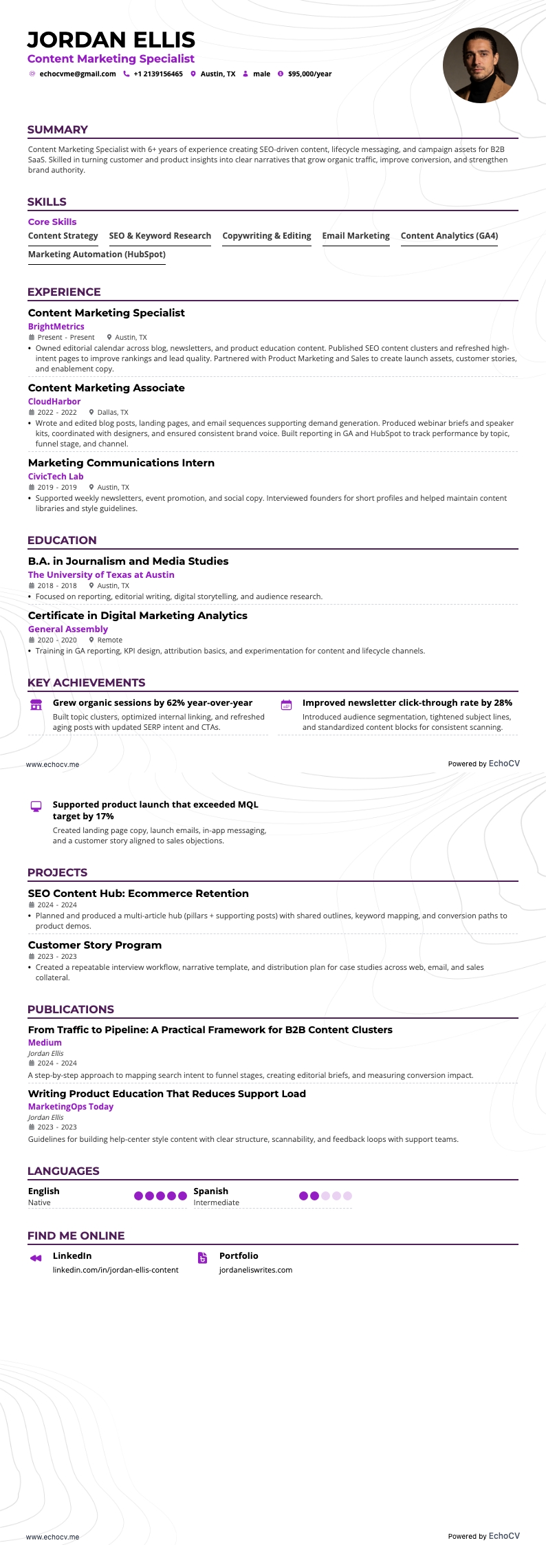 Spécialiste en marketing de contenu example resume