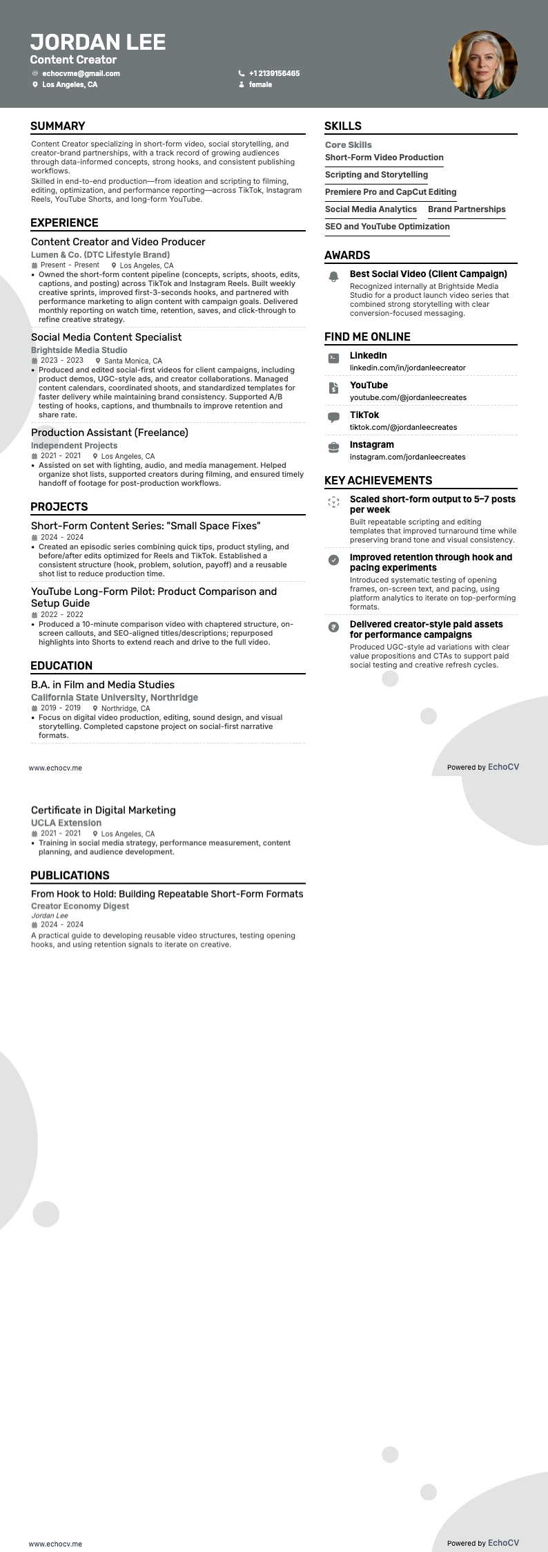 Créateur de contenu example resume