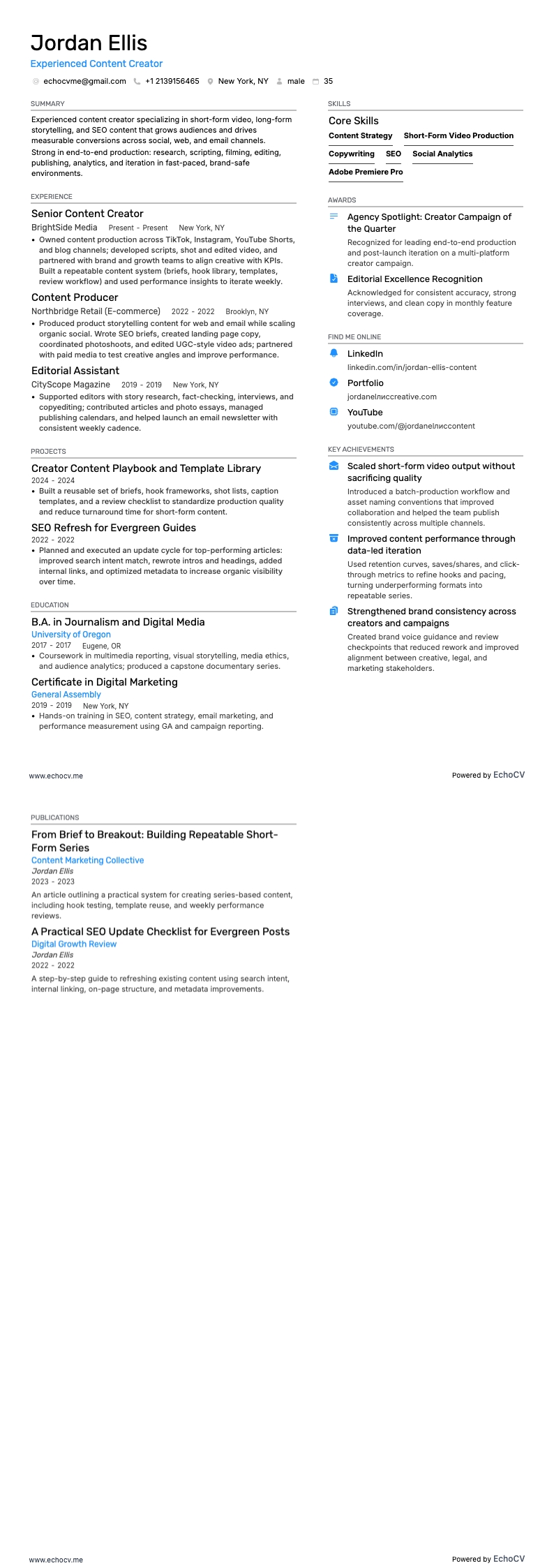Créateur de contenu expérimenté example resume