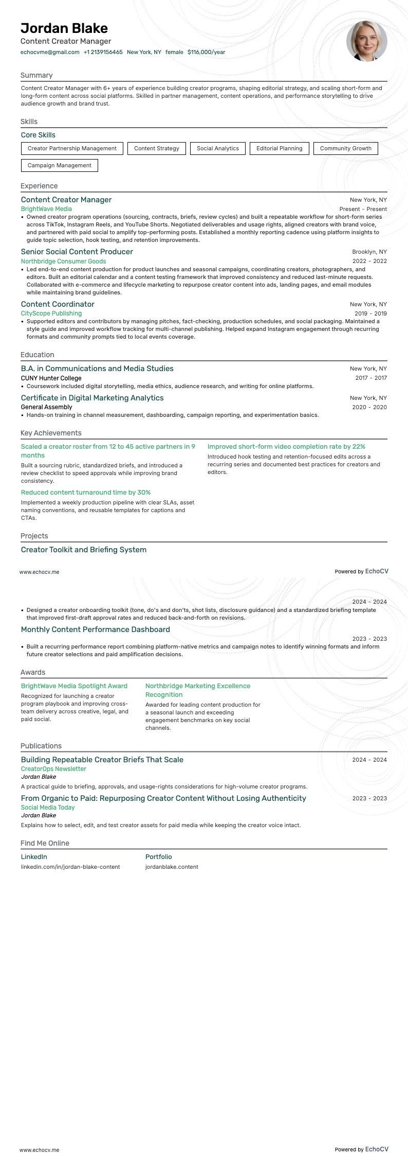 Créateur de contenu resume example