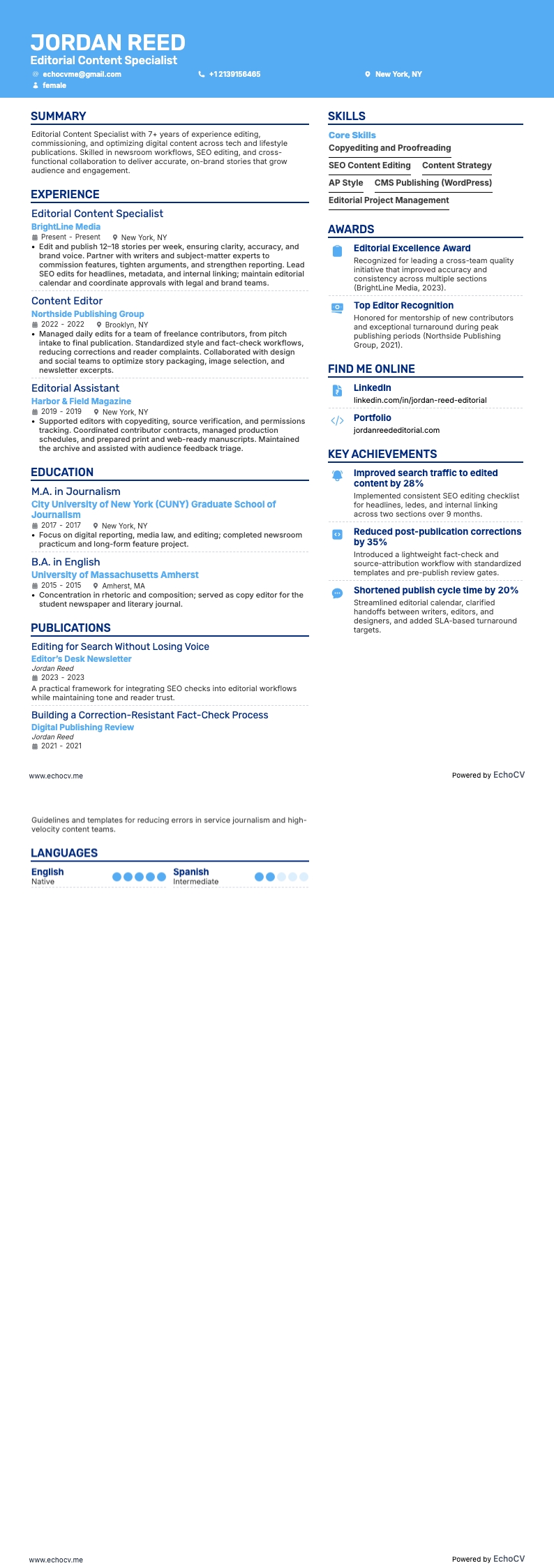 Editorial Content Specialist example resume