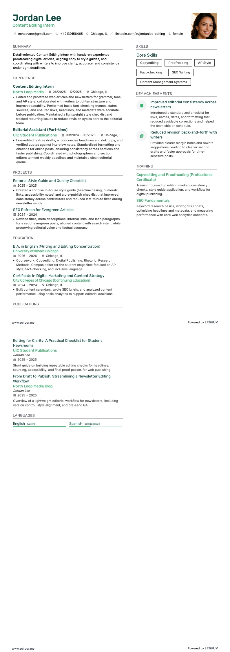 Content Editing Intern example resume