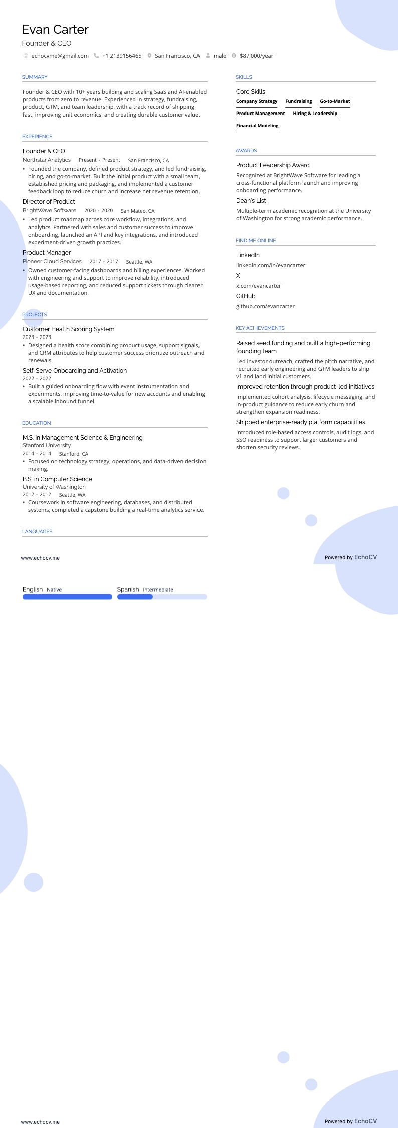 Founder & CEO example resume