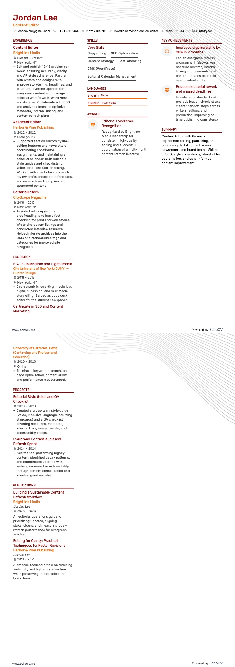 Content Editor example resume