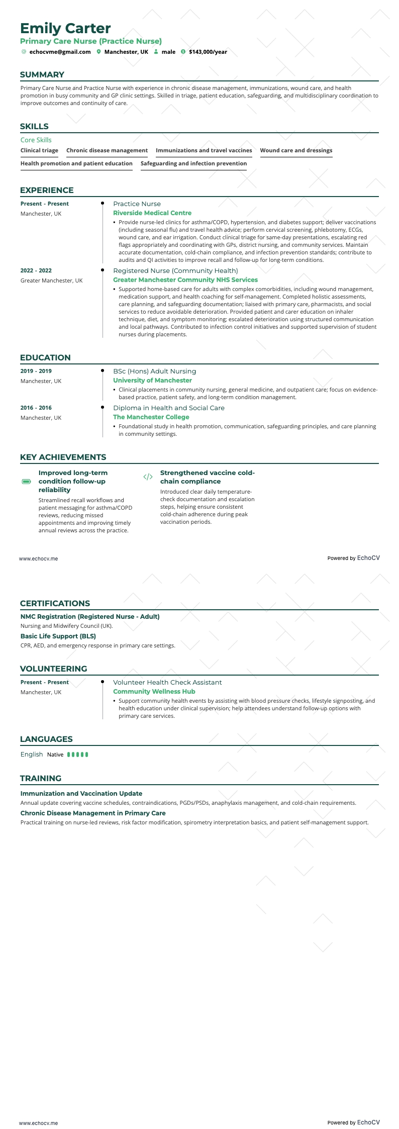 Primary Care Nurse example resume