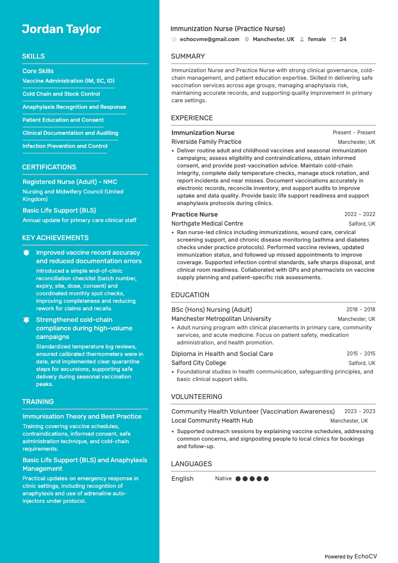 Immunization Nurse example resume