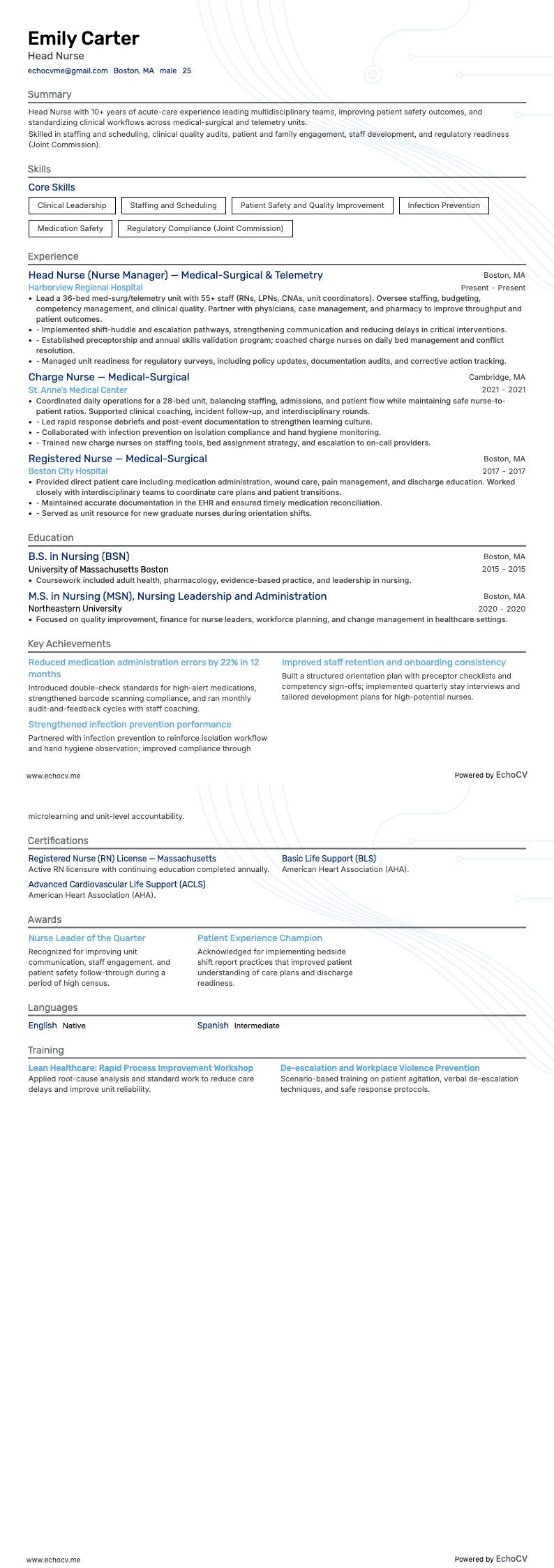 Điều dưỡng trưởng example resume