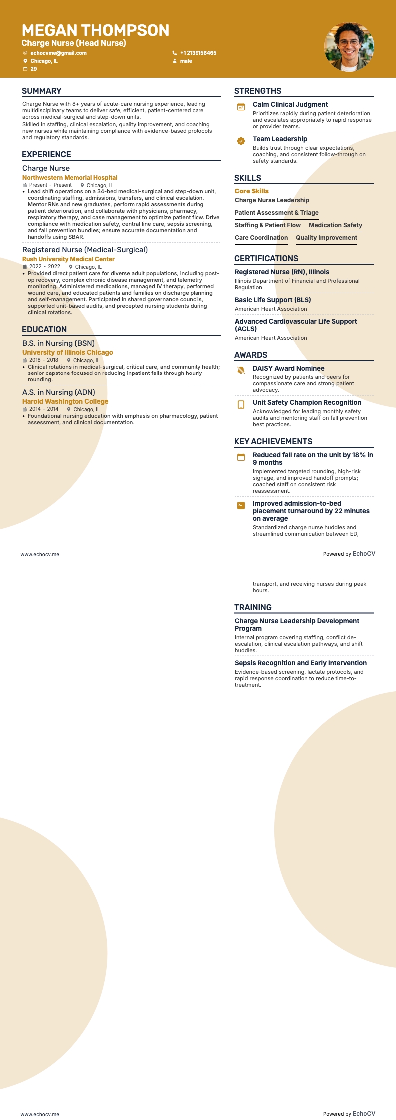 Điều dưỡng trưởng resume example