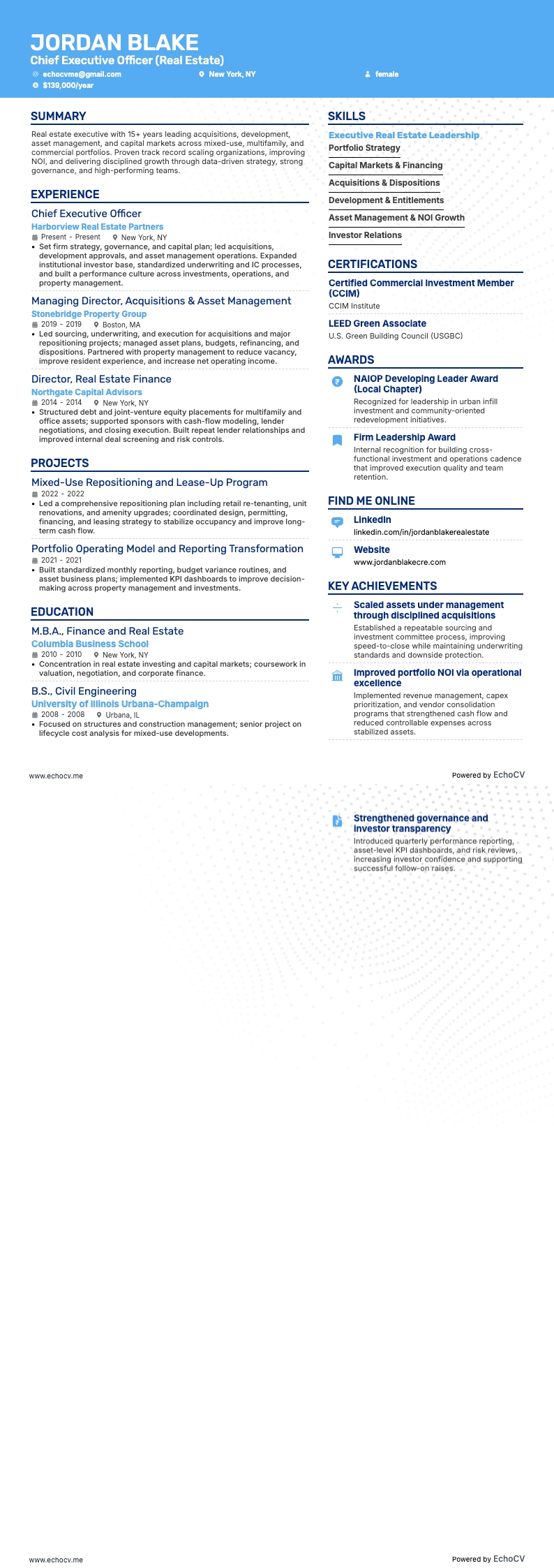 Real Estate CEO example resume