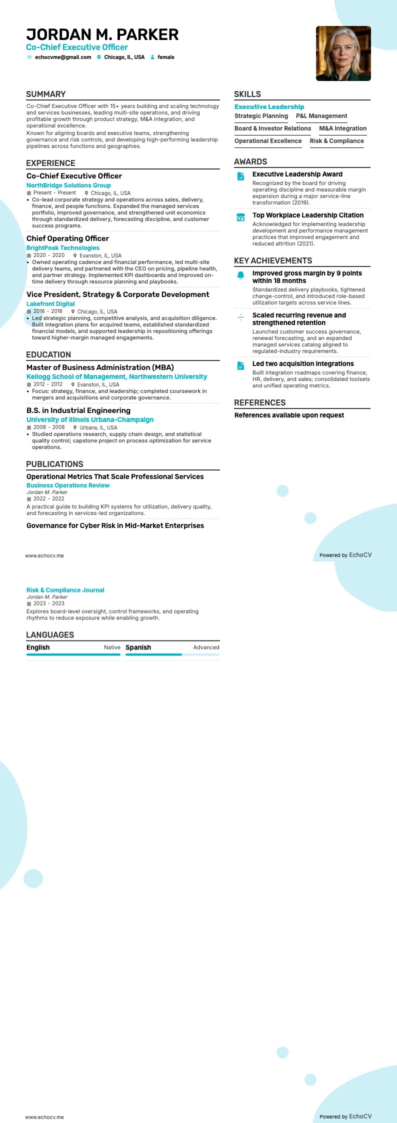 Co-Chief Executive Officer example resume