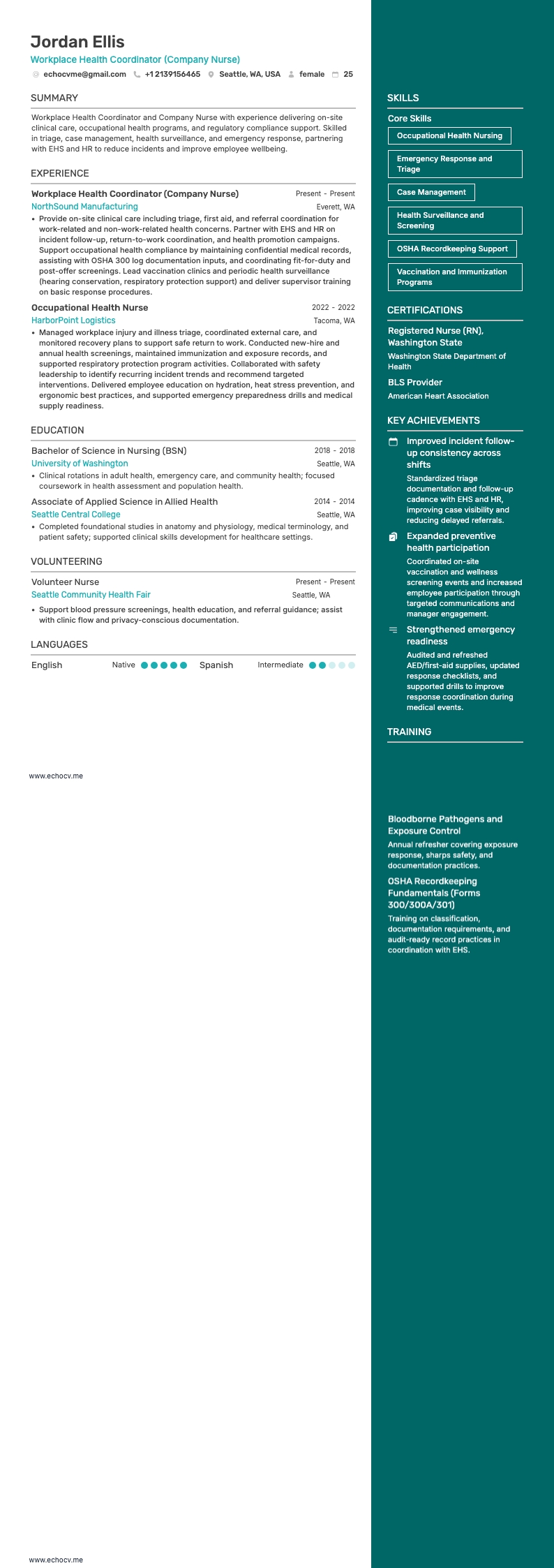 Bedrijfsverpleegkundige resume example