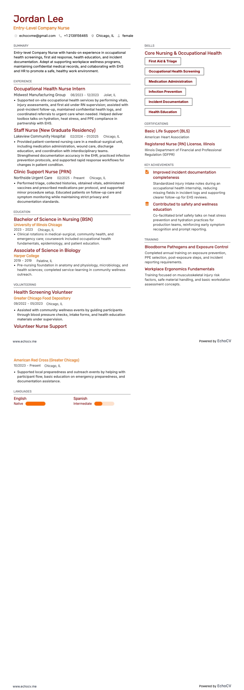 신입 산업간호사 resume example