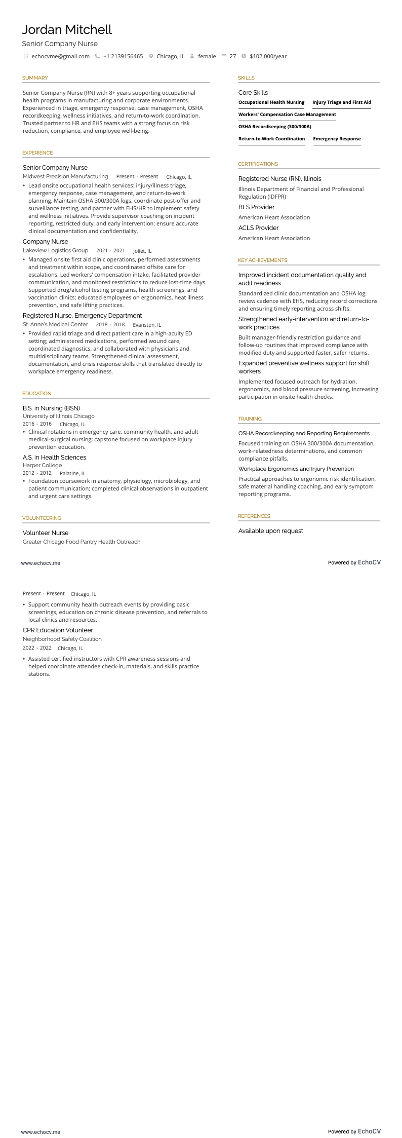 Senior bedrijfsverpleegkundige volledige voorbeeldweergave