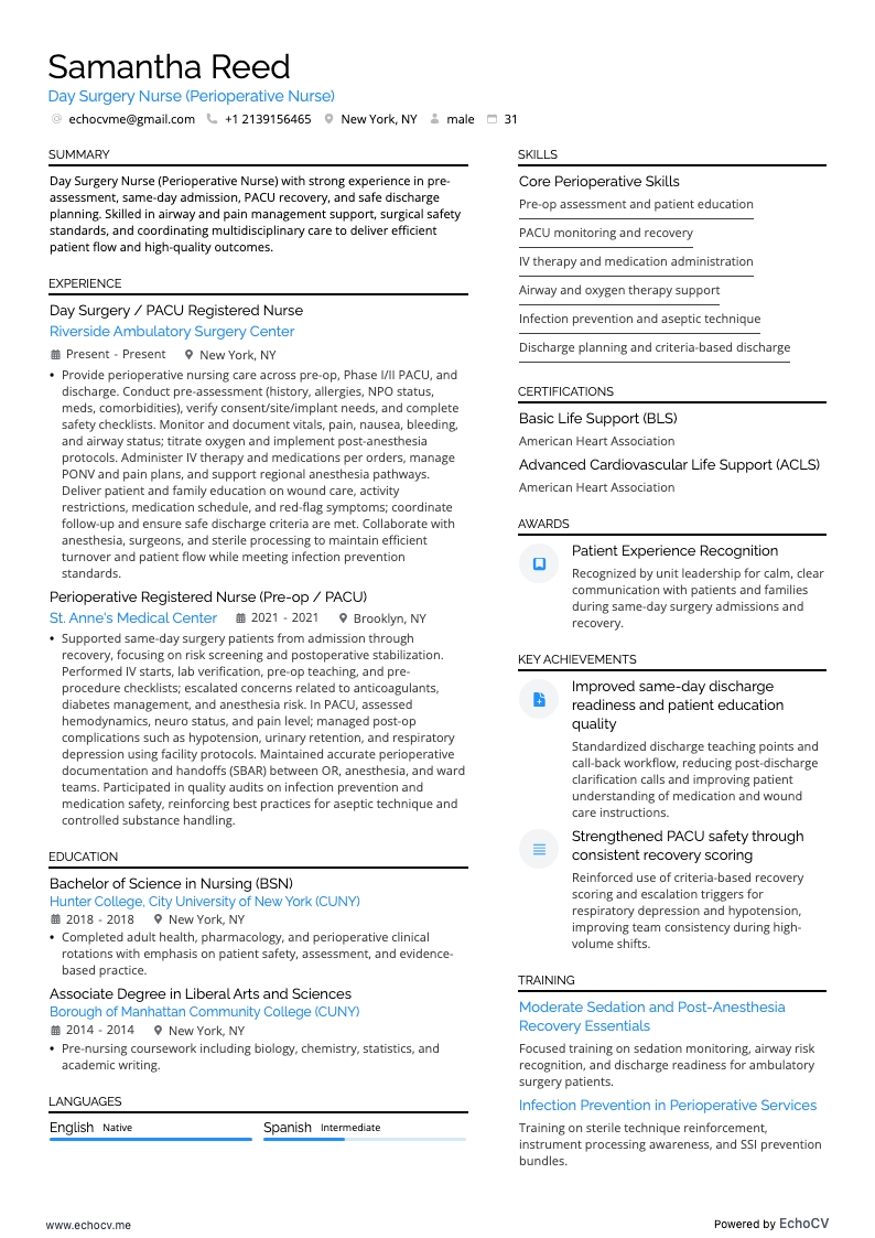 Pflegekraft für Tageschirurgie resume example