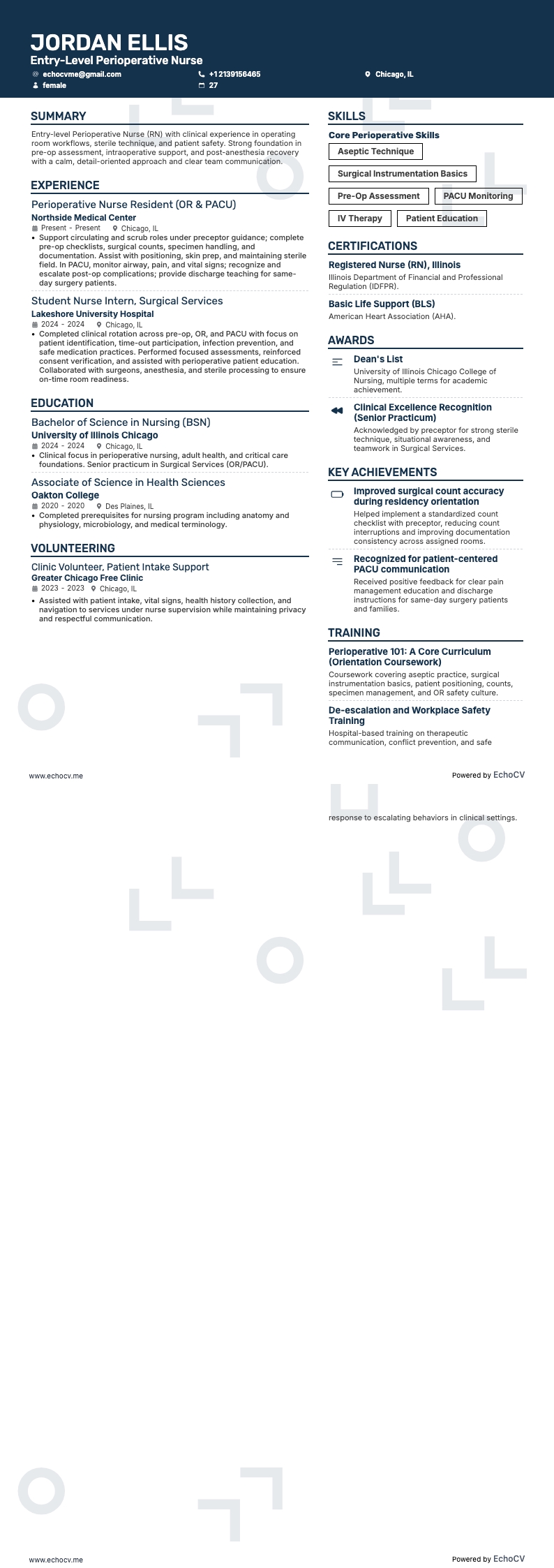 围手术期护士 resume example