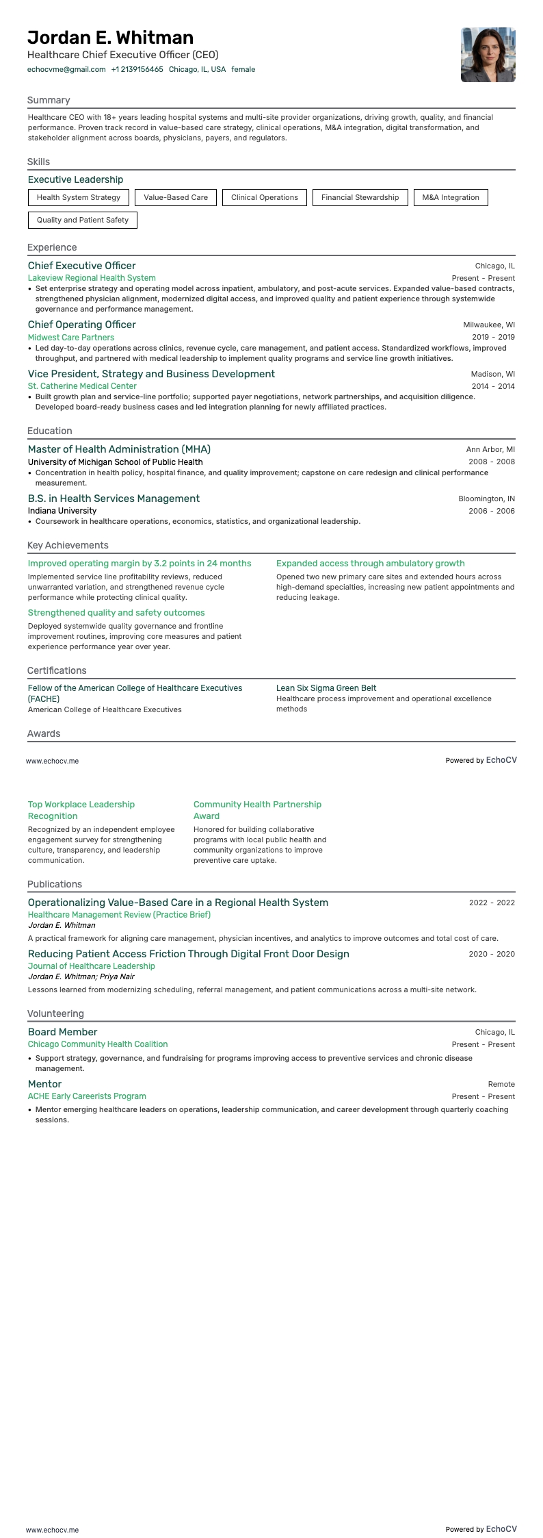Healthcare CEO example resume