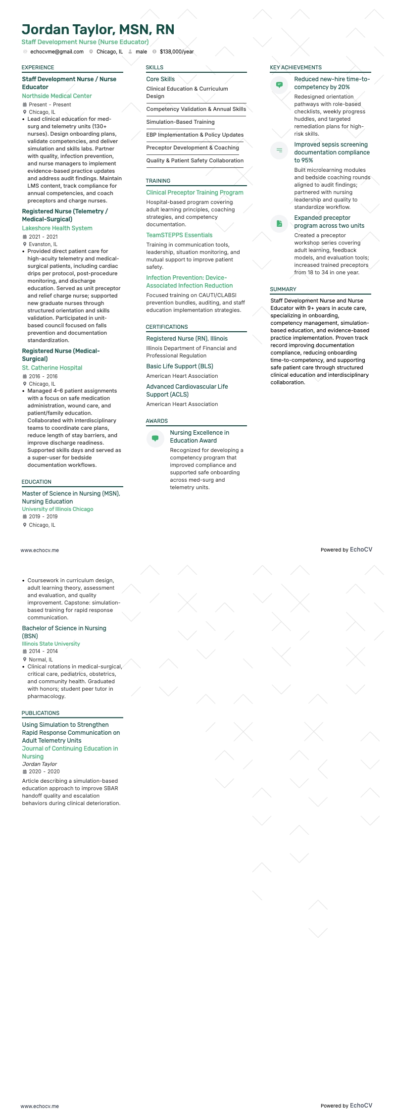 Enfermero/a de desarrollo del personal example resume