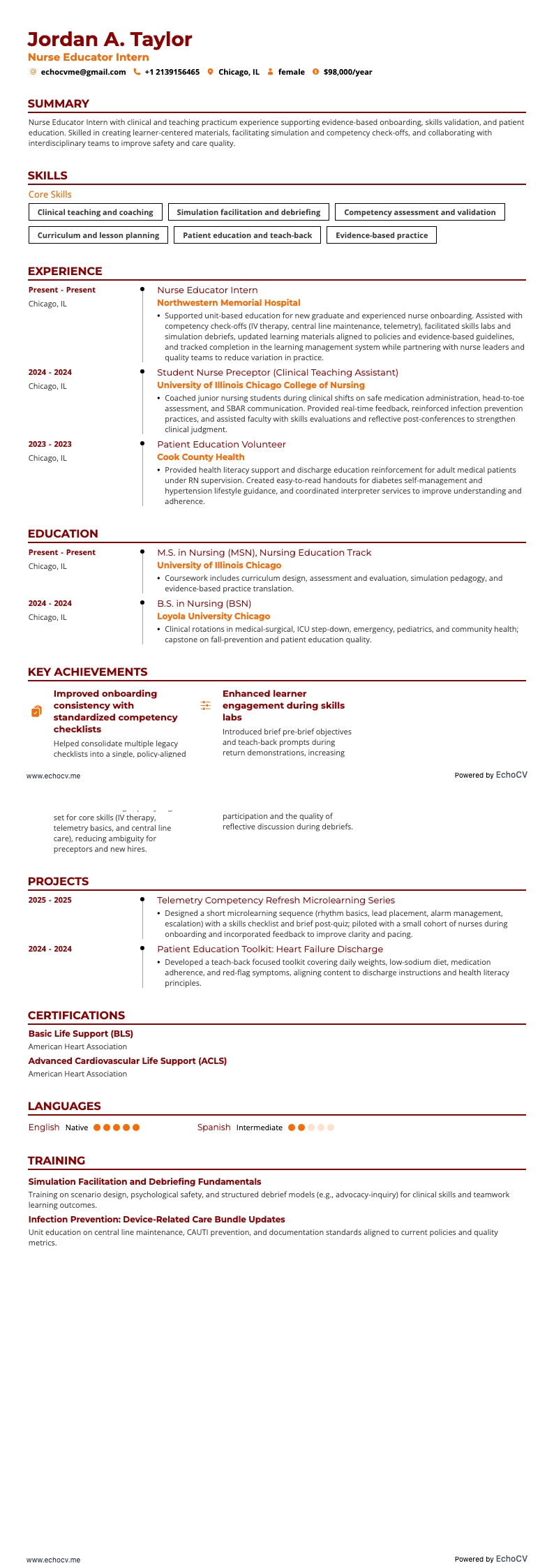 Formatore infermieristico resume example