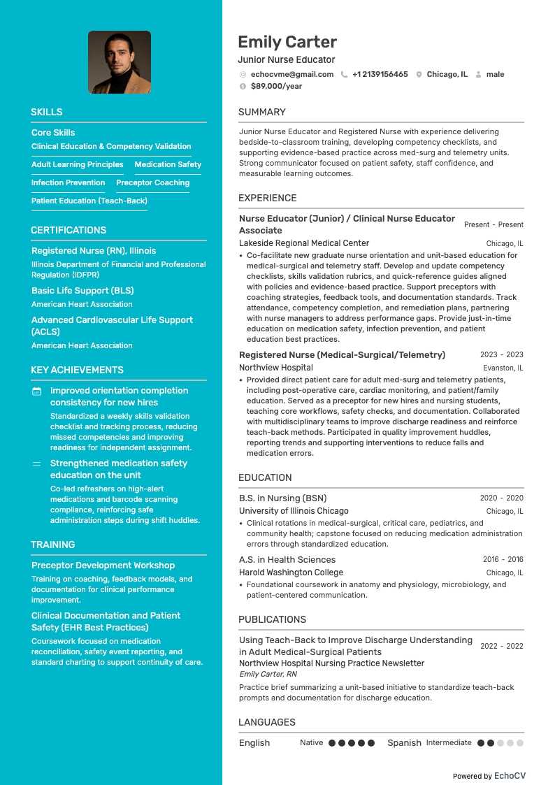 Educador de enfermería resume example