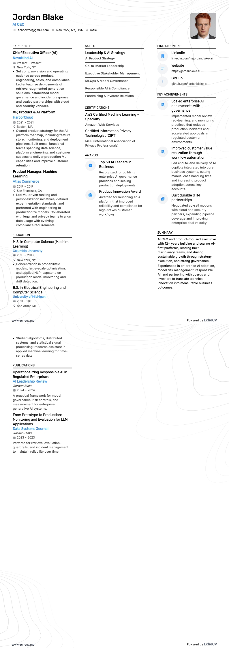 AI CEO example resume