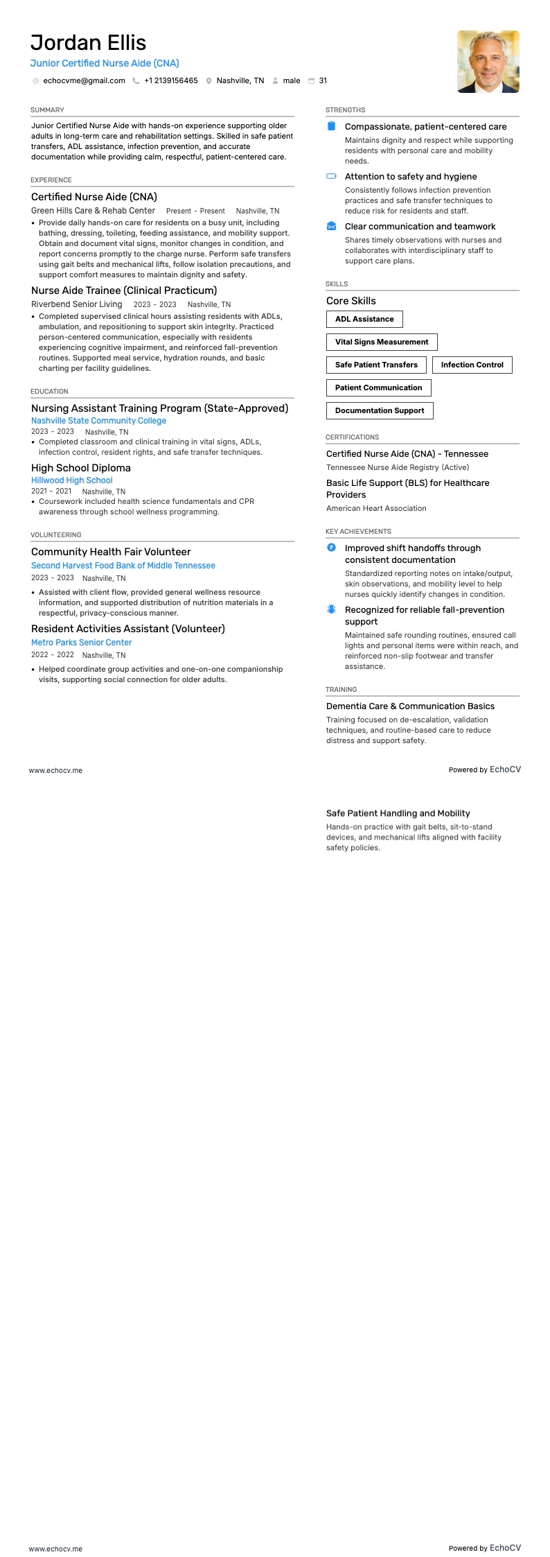 Junior Certified Nurse Aide example resume