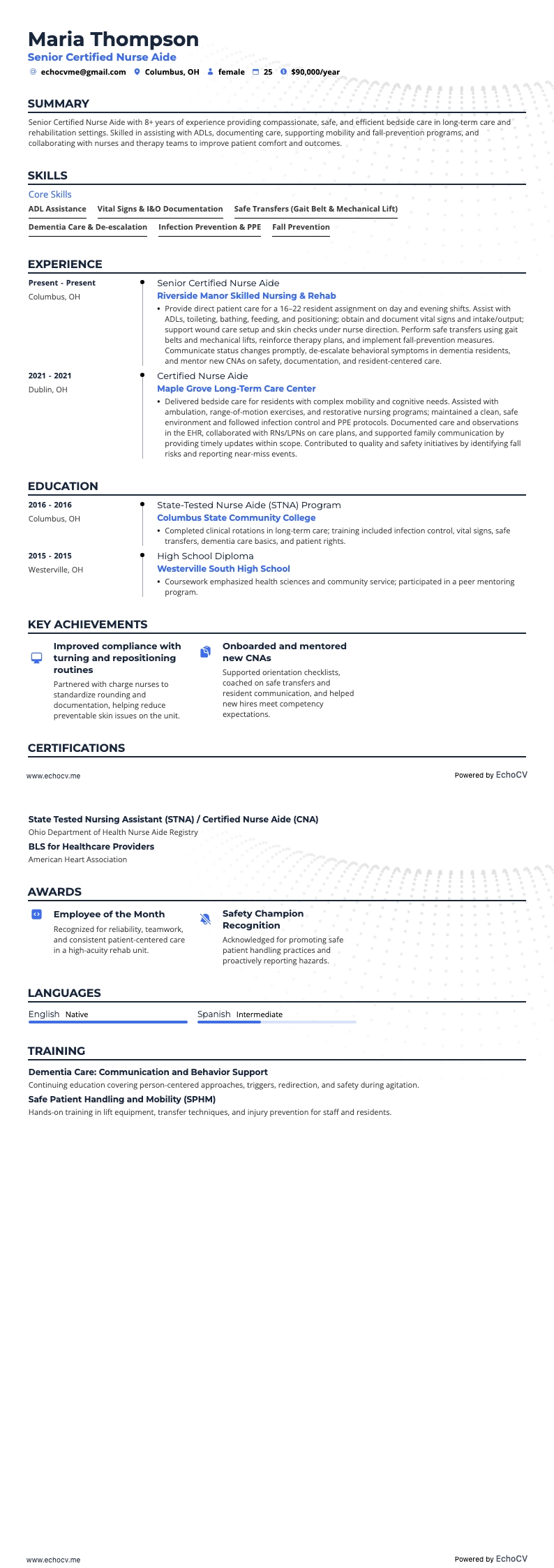 Certified Nurse Aide resume example