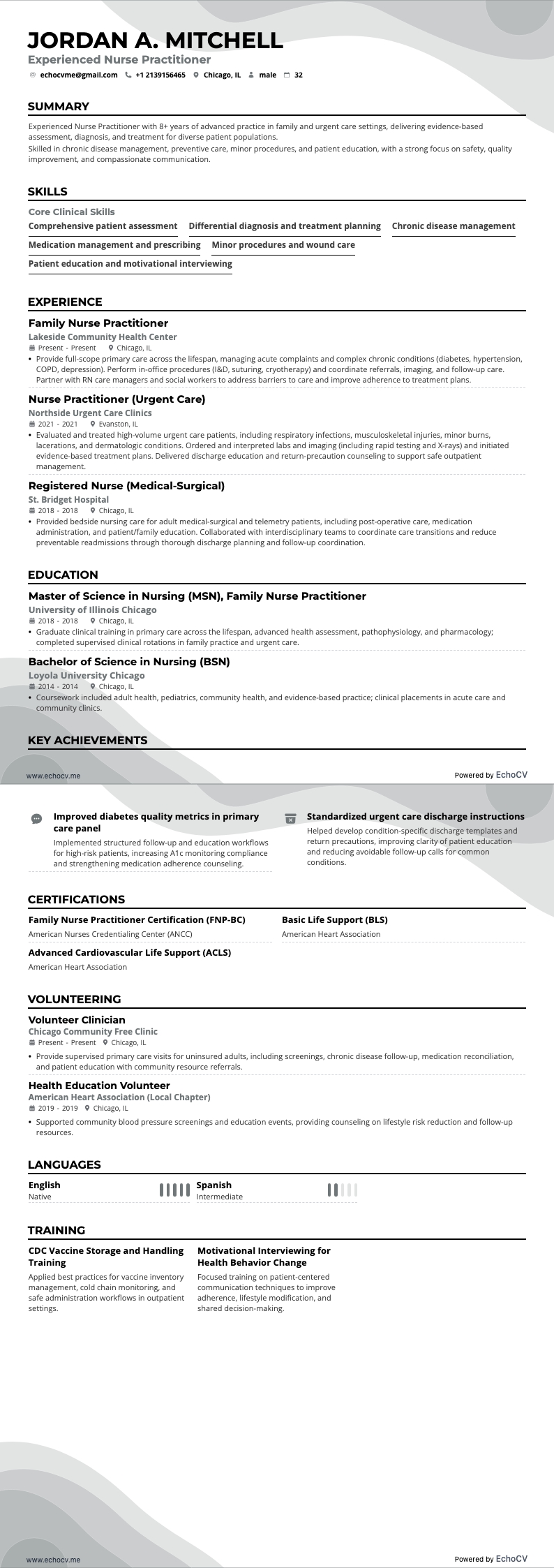 Experienced Nurse Practitioner example resume