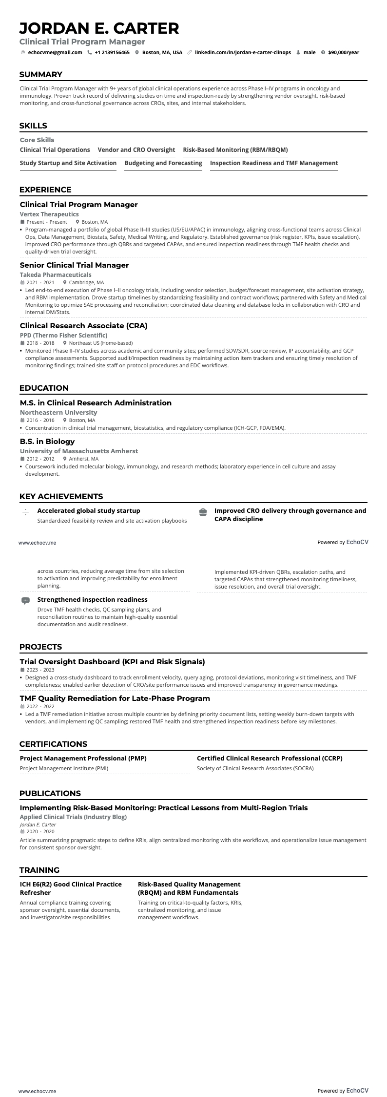 Manager für klinische Studien resume example