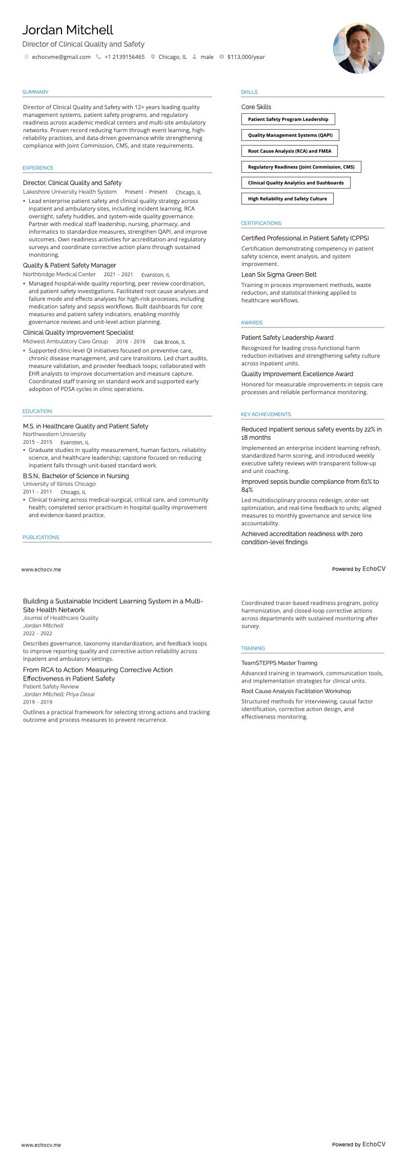 Director of Clinical Quality and Safety example resume