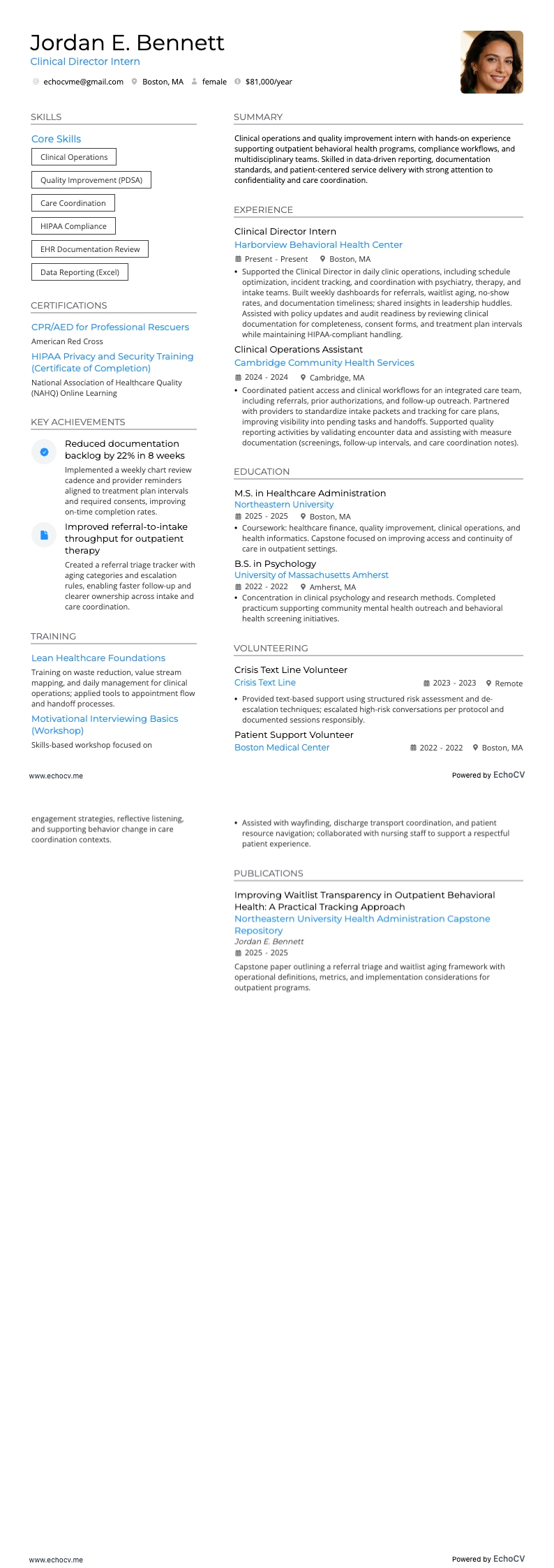 Clinical Director Intern example resume