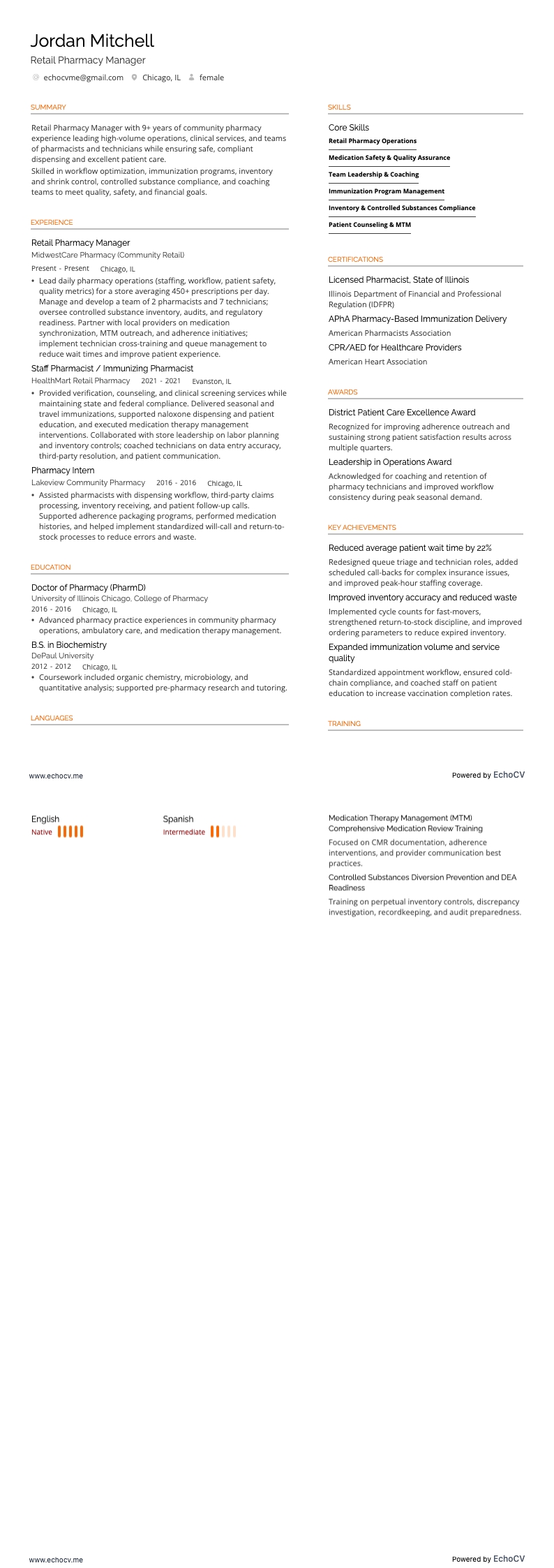 药房经理 resume example