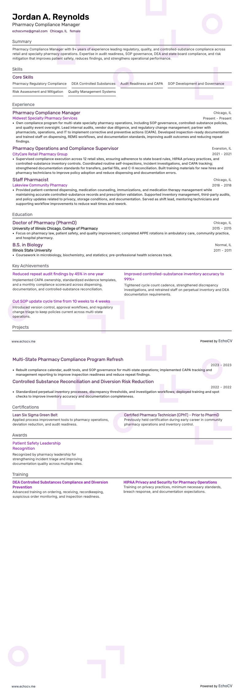 Pharmacy Compliance Manager example resume