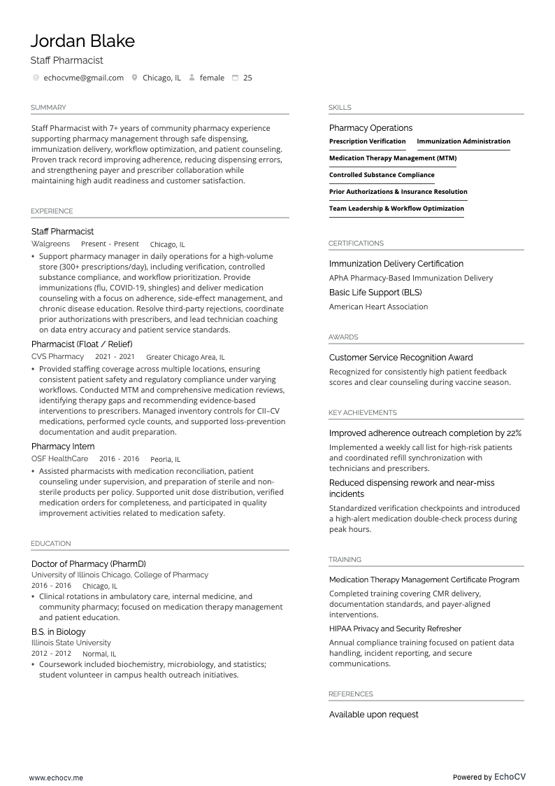 Staff Pharmacist example resume