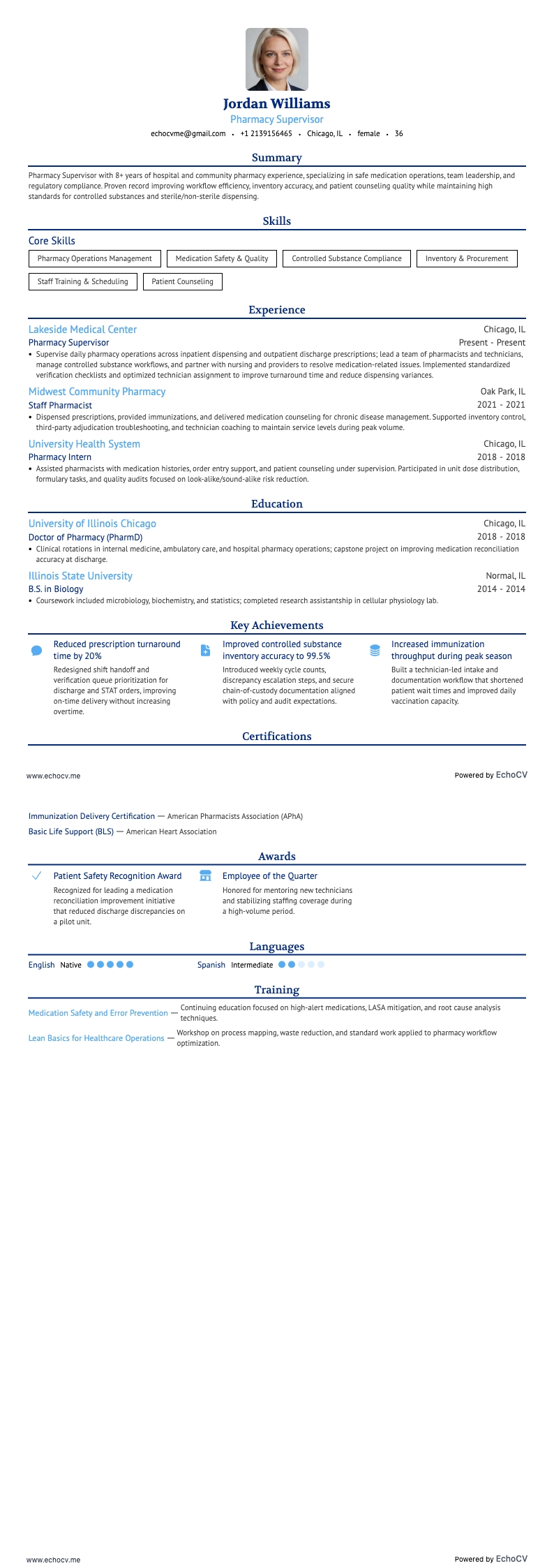 Pharmacy Supervisor example resume