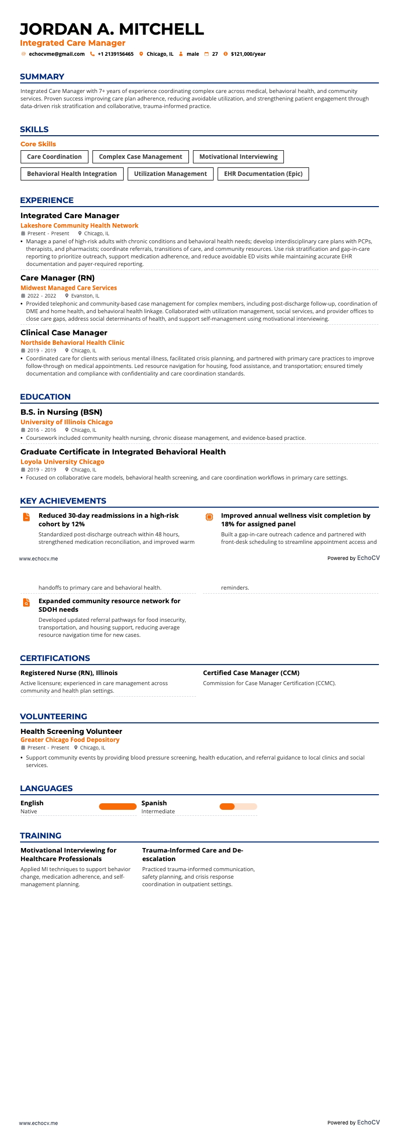 Integrated Care Manager example resume
