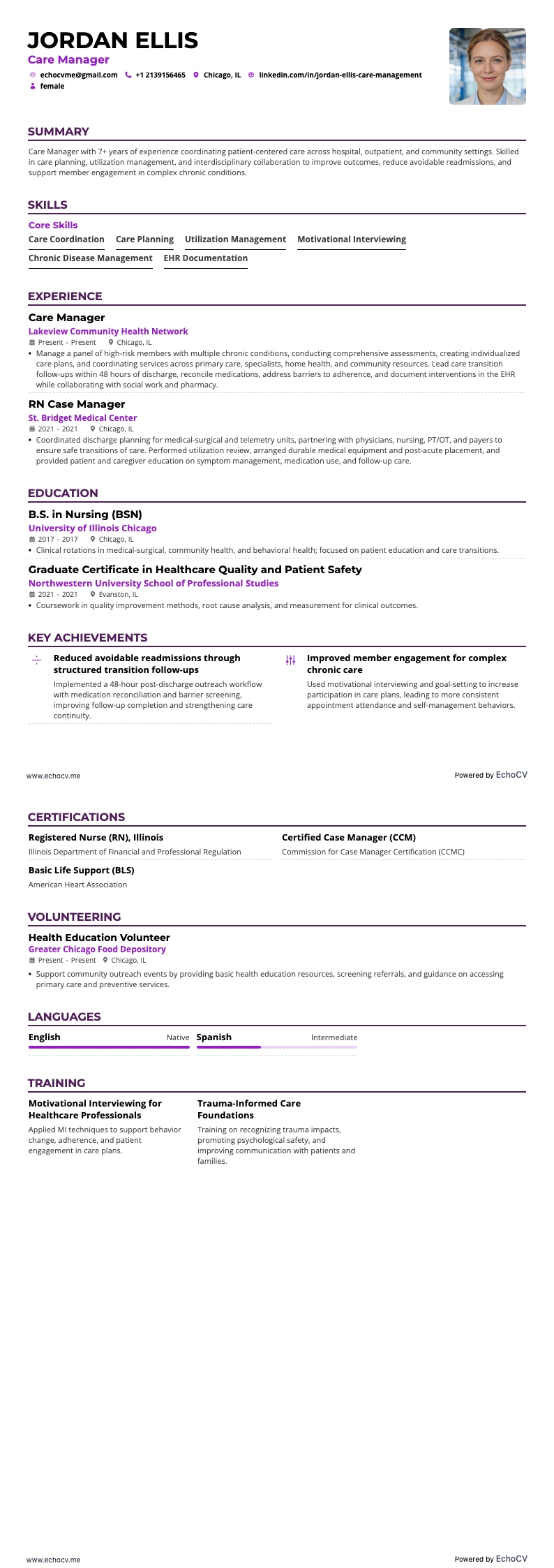 护理经理 resume example