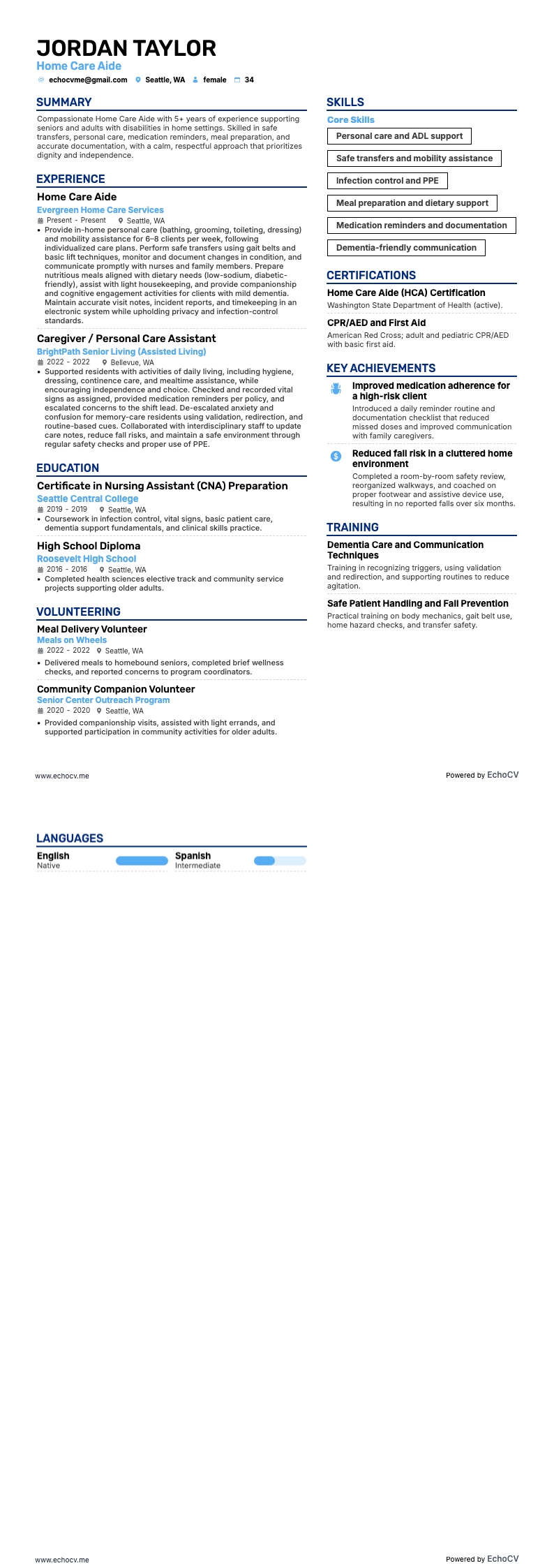 Zorgmedewerker resume example