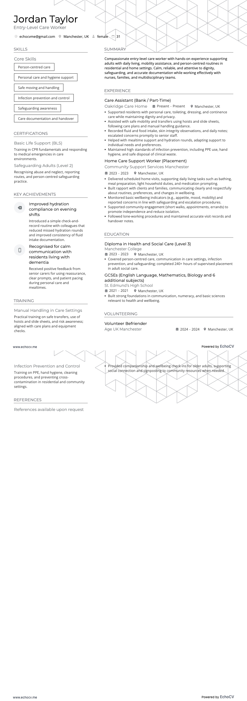 Beginnend zorgmedewerker example resume
