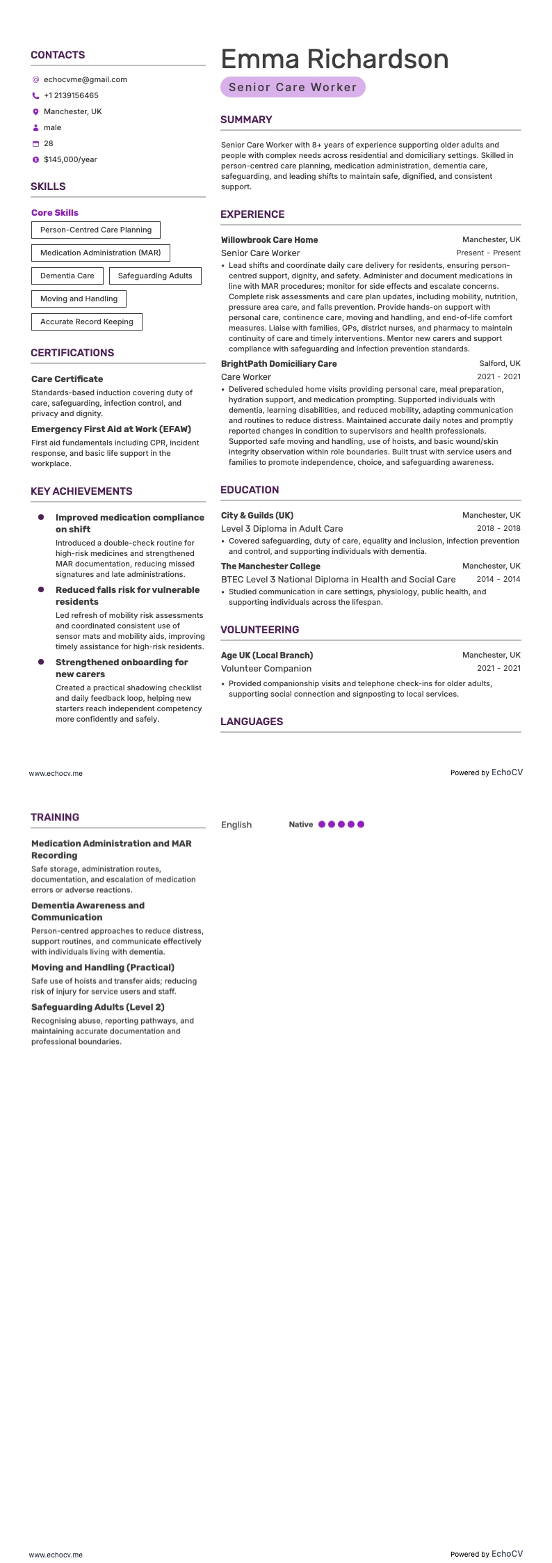 Ouderenzorgmedewerker example resume