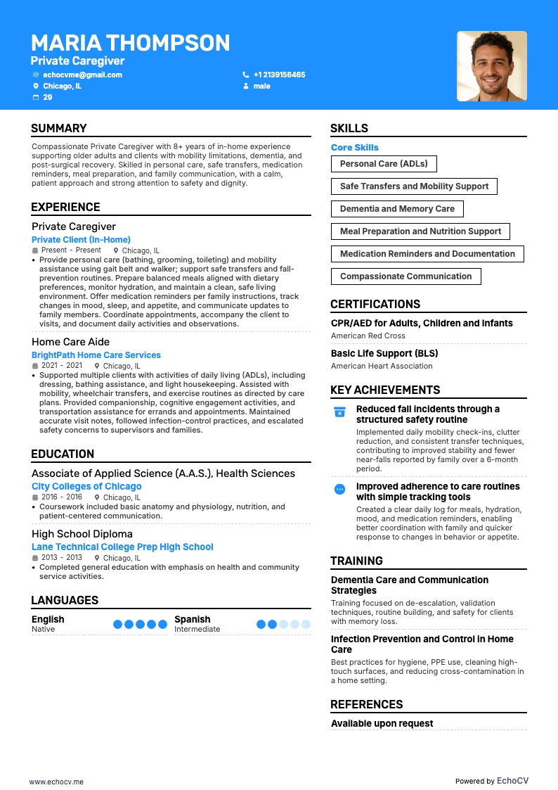 Assistente domiciliare privato resume example